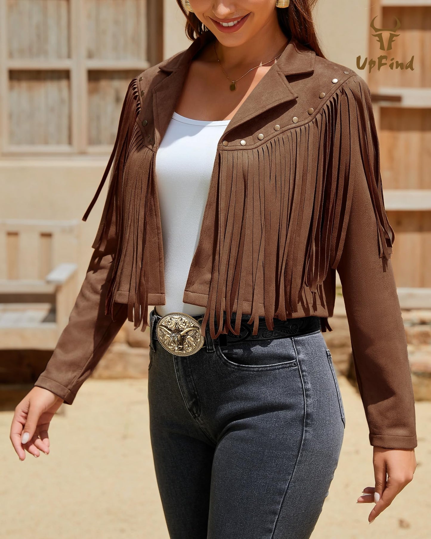 UpFind Women's Fringe Faux Suede Leather Jackets Fashion Fall Western Tassel Motorcycle Cropped Open Front Coats with Rivets, Dark Brown/Large