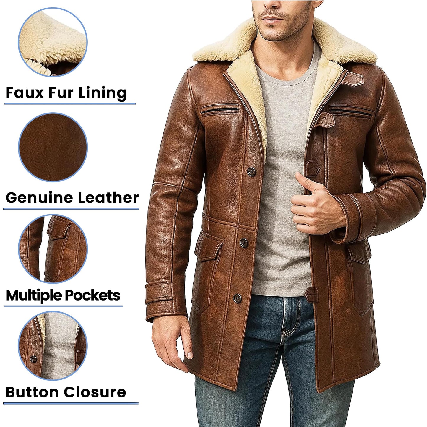 UGFashions Mens Genuine Leather Trench Coat Sheepskin Ginger Brown Faux Fur Shearling Winter Leather Pea Coat