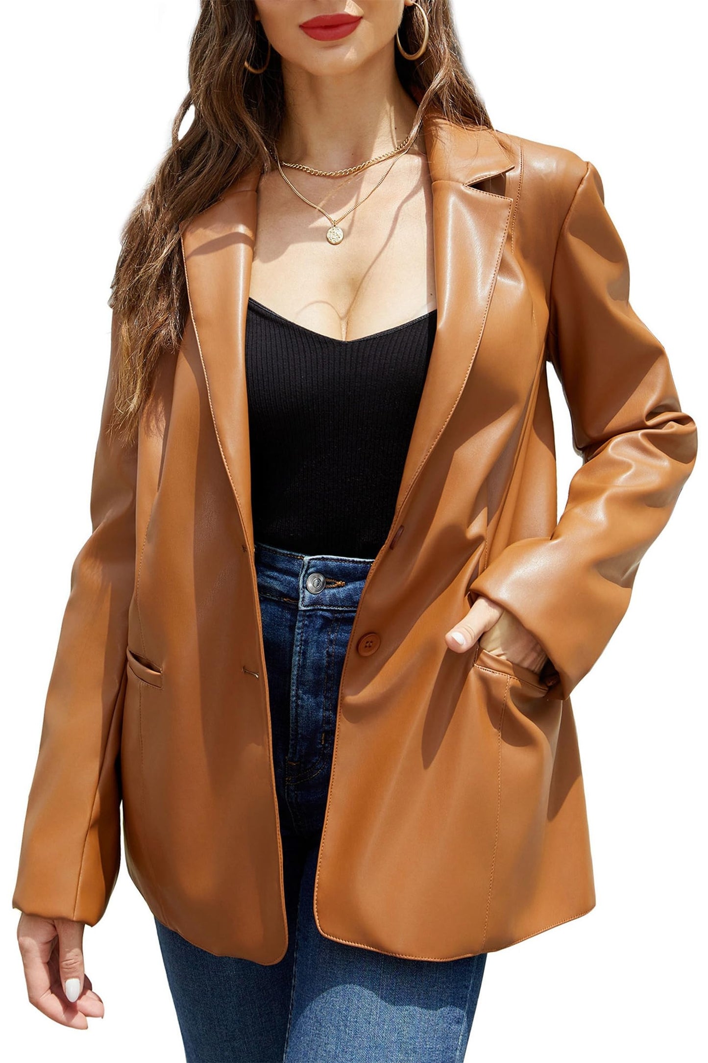 RISISSIDA Women Faux Leather Blazer Jacket,Soft PLeather PU Coat,Brown,XS