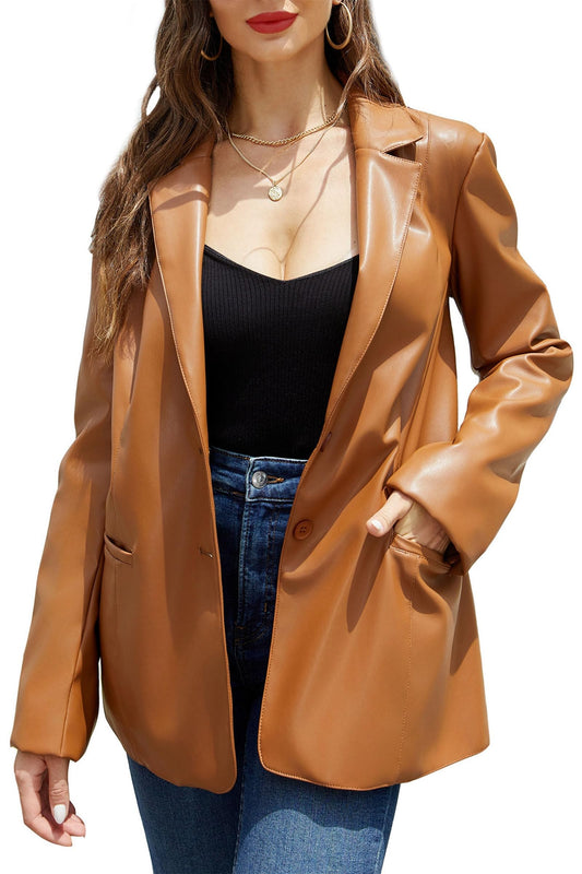 RISISSIDA Women Faux Leather Blazer Jacket,Soft PLeather PU Coat,Brown,L