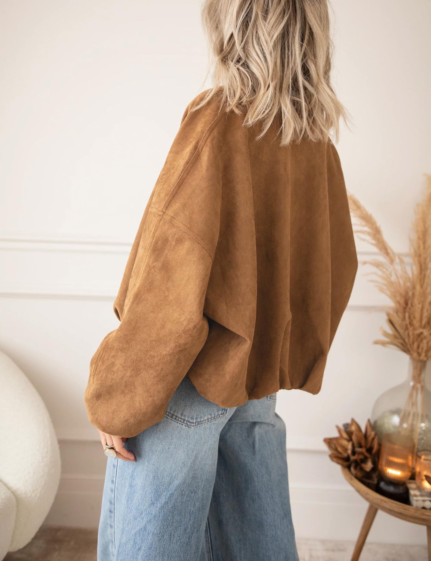 Tanming Womens Faux Suede Leather Jacket Casual Oversized Long Sleeve Zip Up Bomber Jackets Coats Outerwear(Brown-S)