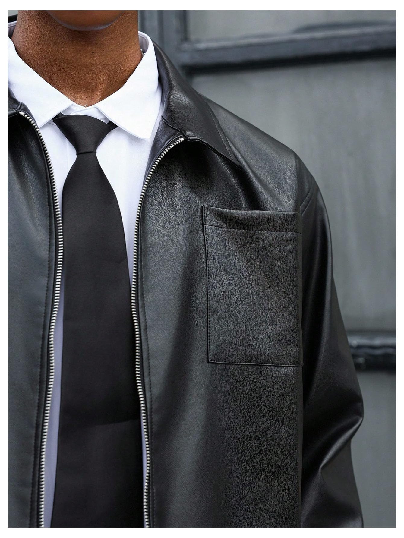BEAUDRM Men's Faux Leather Jacket Long Sleeve Zip Up Collared Crop Biker Motorcycle Lightweight Coat Outerwear Solid Black Large