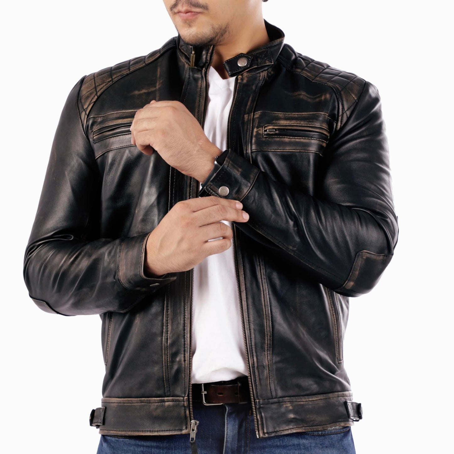 Jild Signature Diamond Style Café Racer Lambskin Leather Jacket Men - Men's Casual Real Leather Quilted Style Motorcycle Jacket (DM-Rub-L)