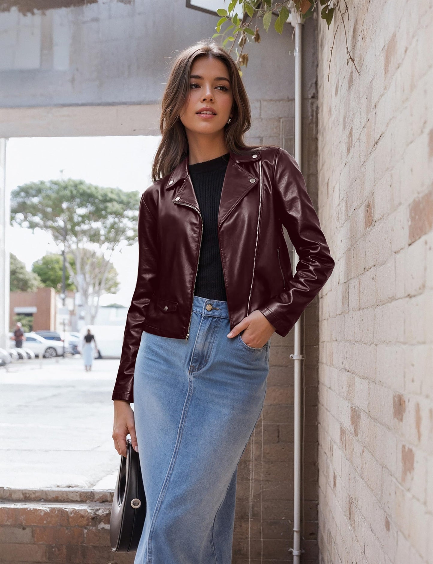 Olivia Miller Women's Faux Leather Moto Biker Jacket Long Sleeve Zip Jacket JK5208 BURGUNDY S