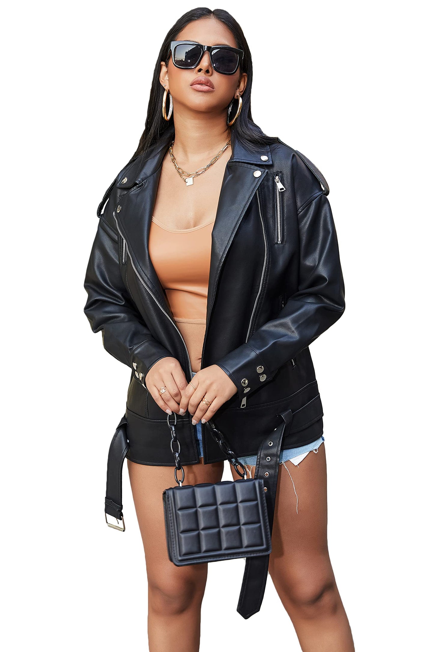 LY VAREY LIN Women Black Faux Leather Jackets Zipper Casual Short Coat Turn-down Collar Motor Biker Jacket with Belt
