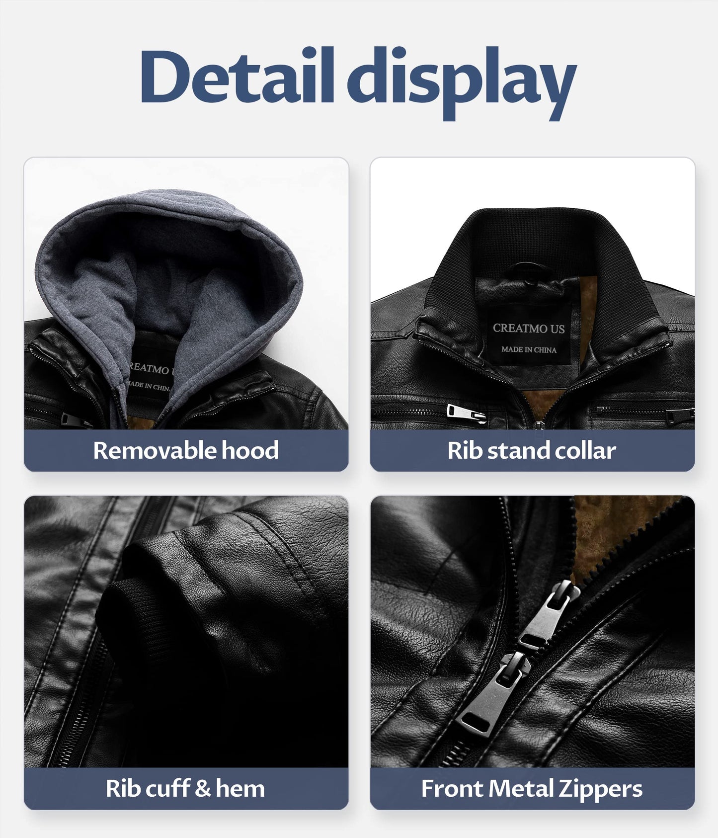 CREATMO US Hoodie Leather Jacket Men Faux Leather Jacket With Removable Hood Retro Zip-UP Stand Collar Motorcycle Bomber Jackets with Removable Hood Black Velvet Lined S