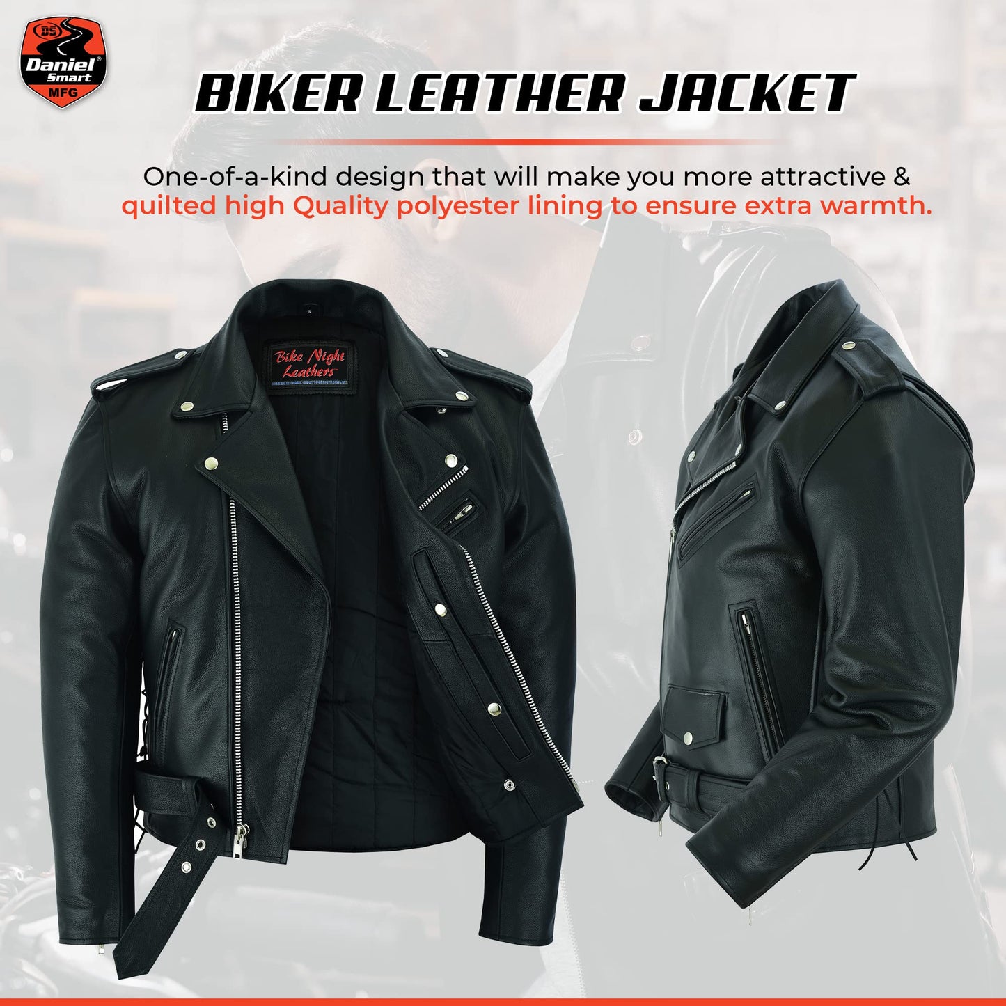 Daniel Smart Motorcycle Jacket for Men Genuine Black Leather Jacket with Polyester Thermal Lining Water Resistant Leather Jacket with Concealed Armory Pocket & Heavy Duty Zippers