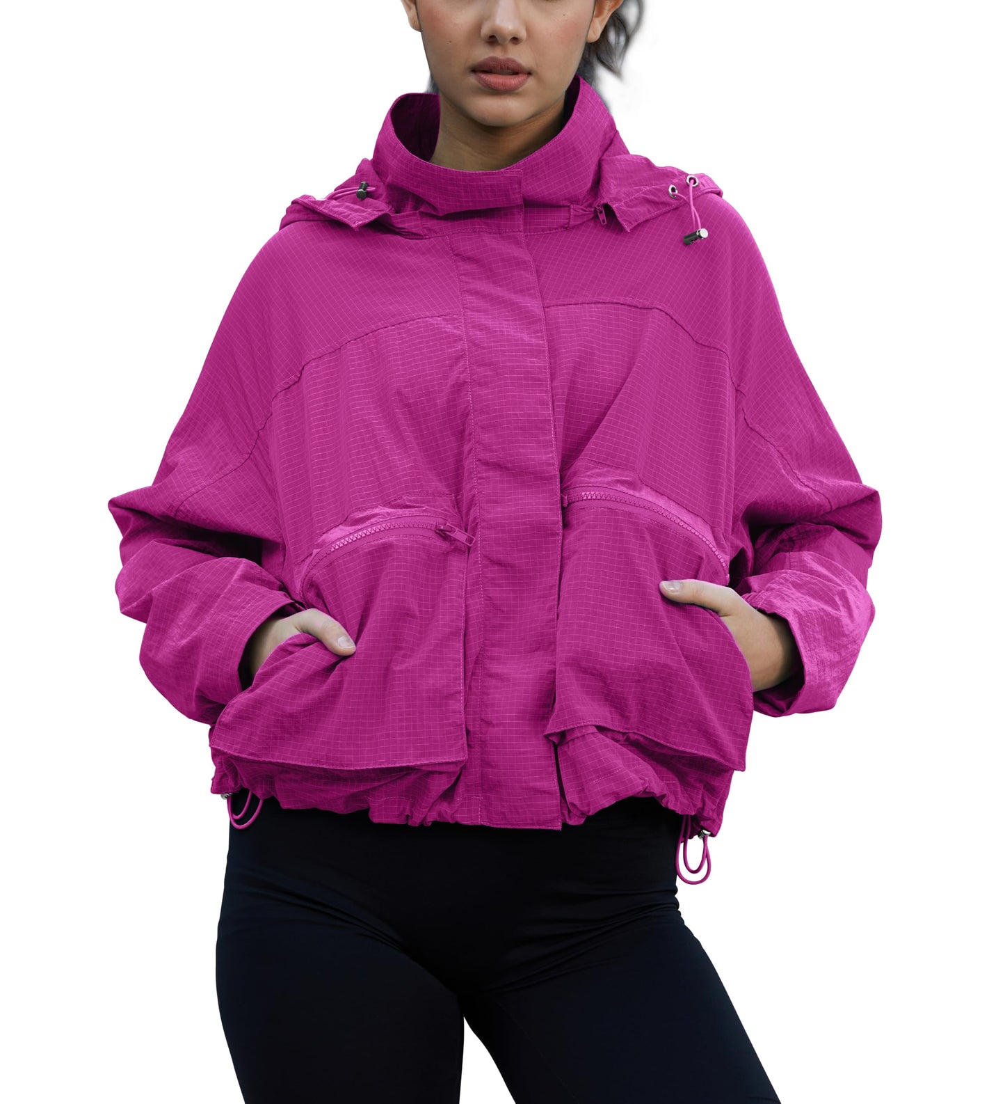 PESION Packable Rain Jacket Women Lightweight Waterproof Raincoat with Hood Cycling Biker Jackets, Hot Pink, Large