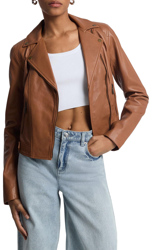 Michael Kors Women's Leather Moto Jacket, Luggage, M