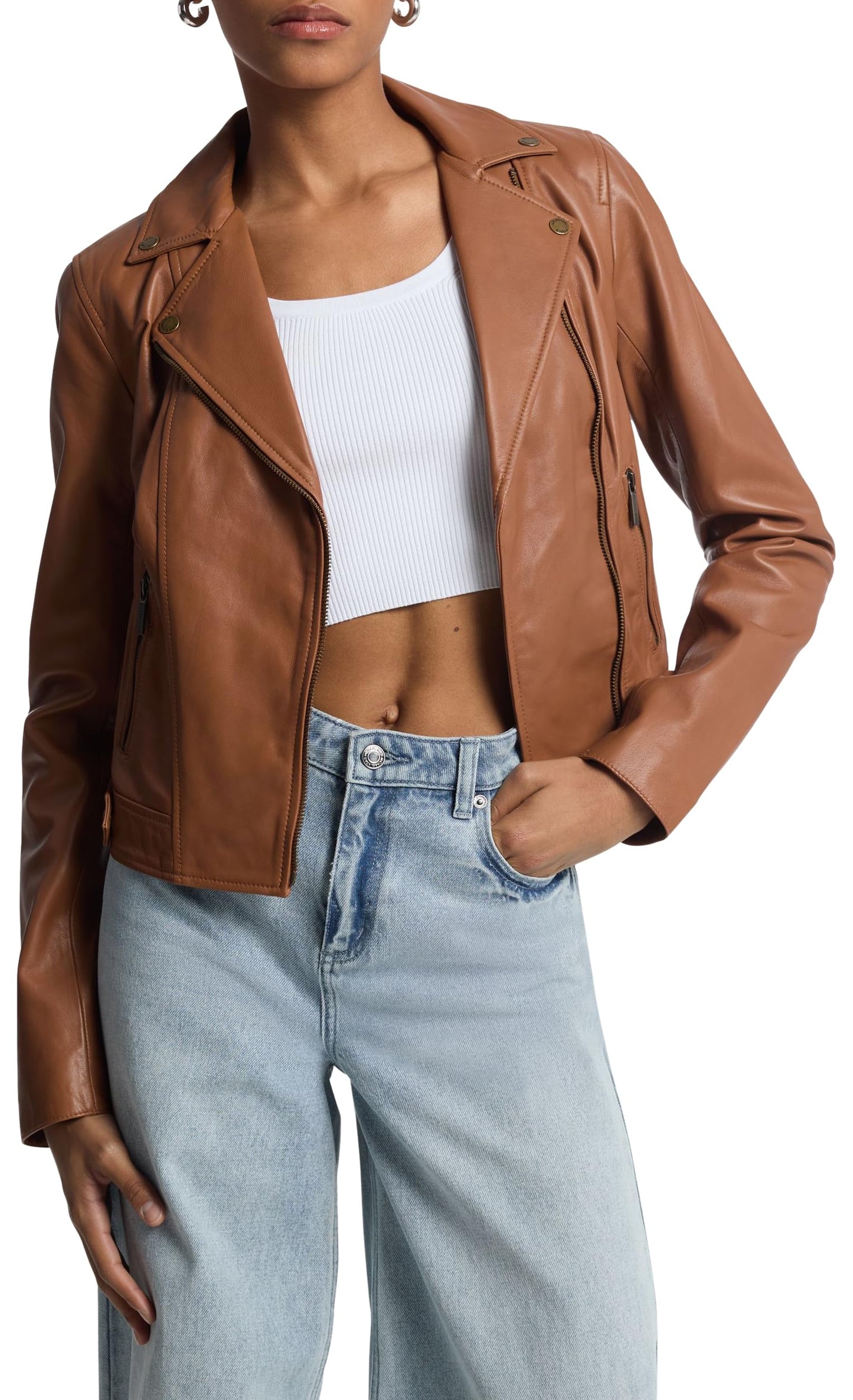 Michael Kors Women's Leather Moto Jacket, Luggage, XL