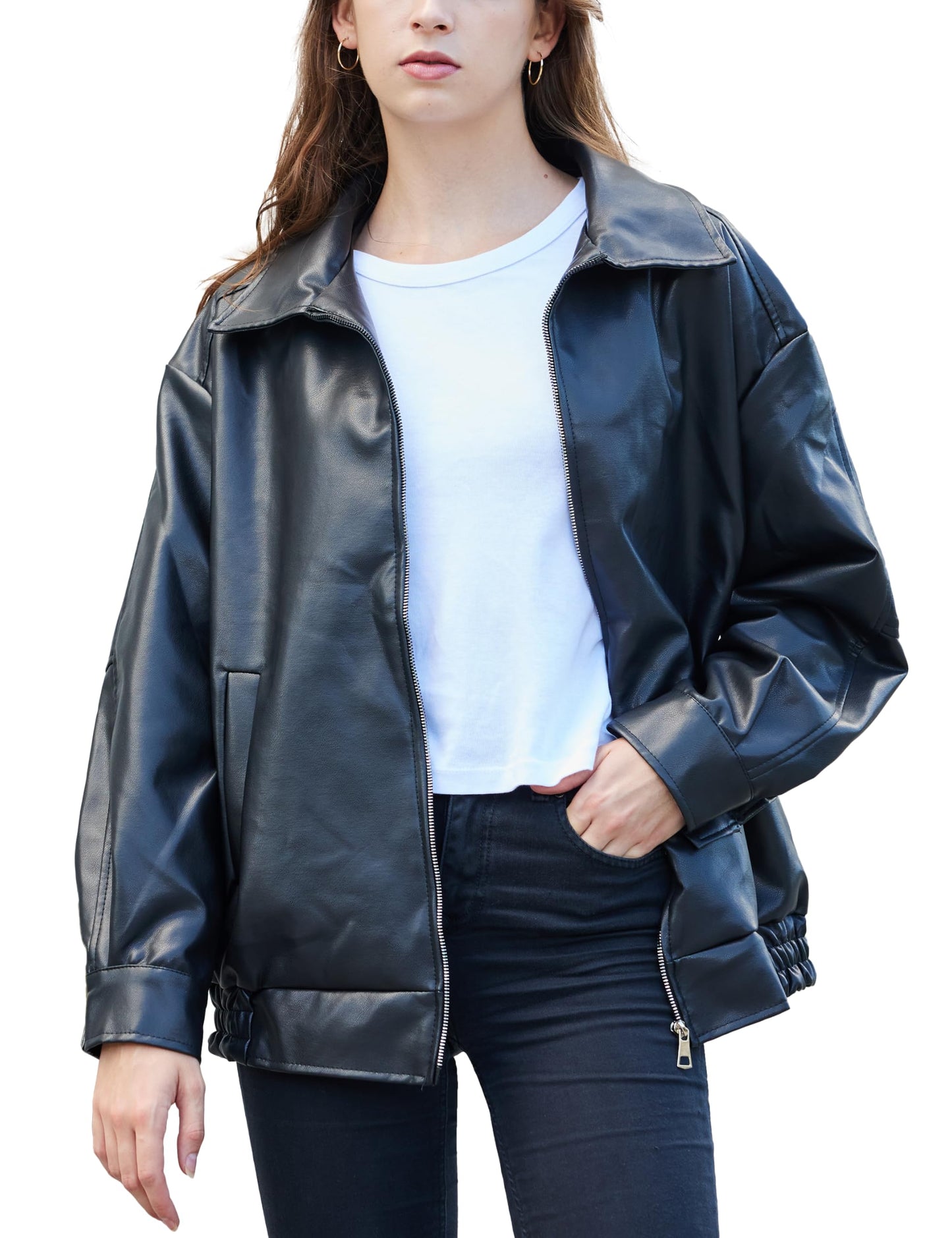 FSVABY Womens Oversized Faux Leather Motocycle Black Jacket Zip Up Outwear Coat with Pockets (Black, Medium)
