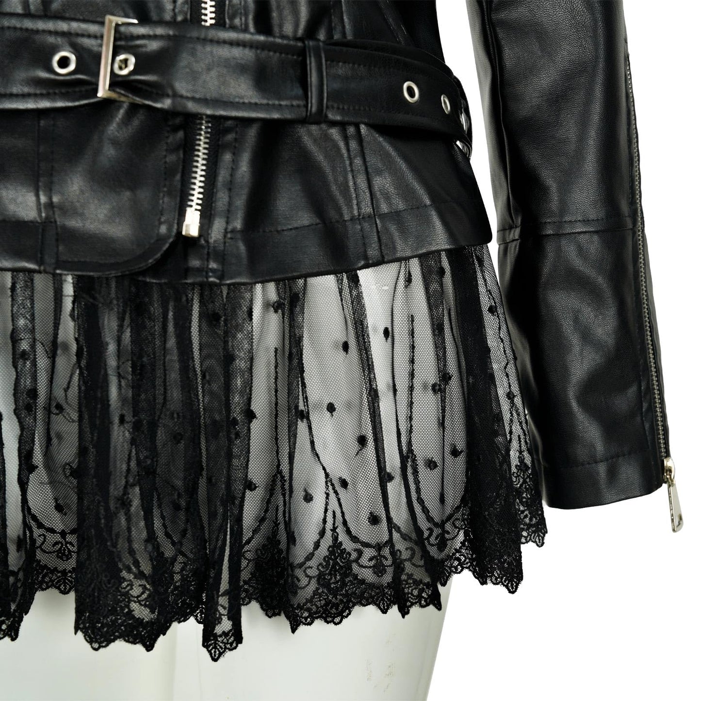 NEKIFUI Women's faux leather lace moto jacket with Peplum rose vintage riding coat(Z3526,3XL)