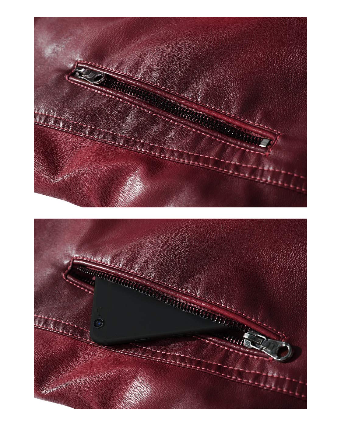 Fairylinks Red Leather Jacket Men Casual Camo, Burgundy, Medium