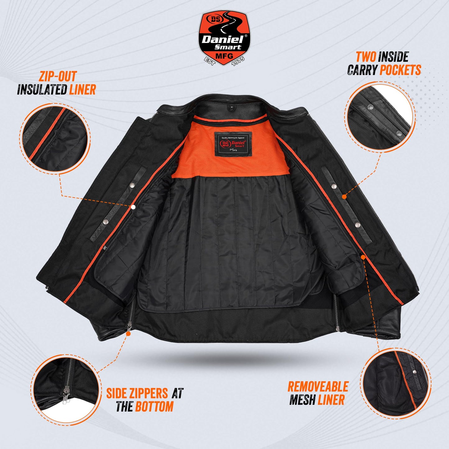 Daniel Smart Men Motorcycle Black Leather Jacket Mandarin Collar Biker Leather Jacket with inside pockets