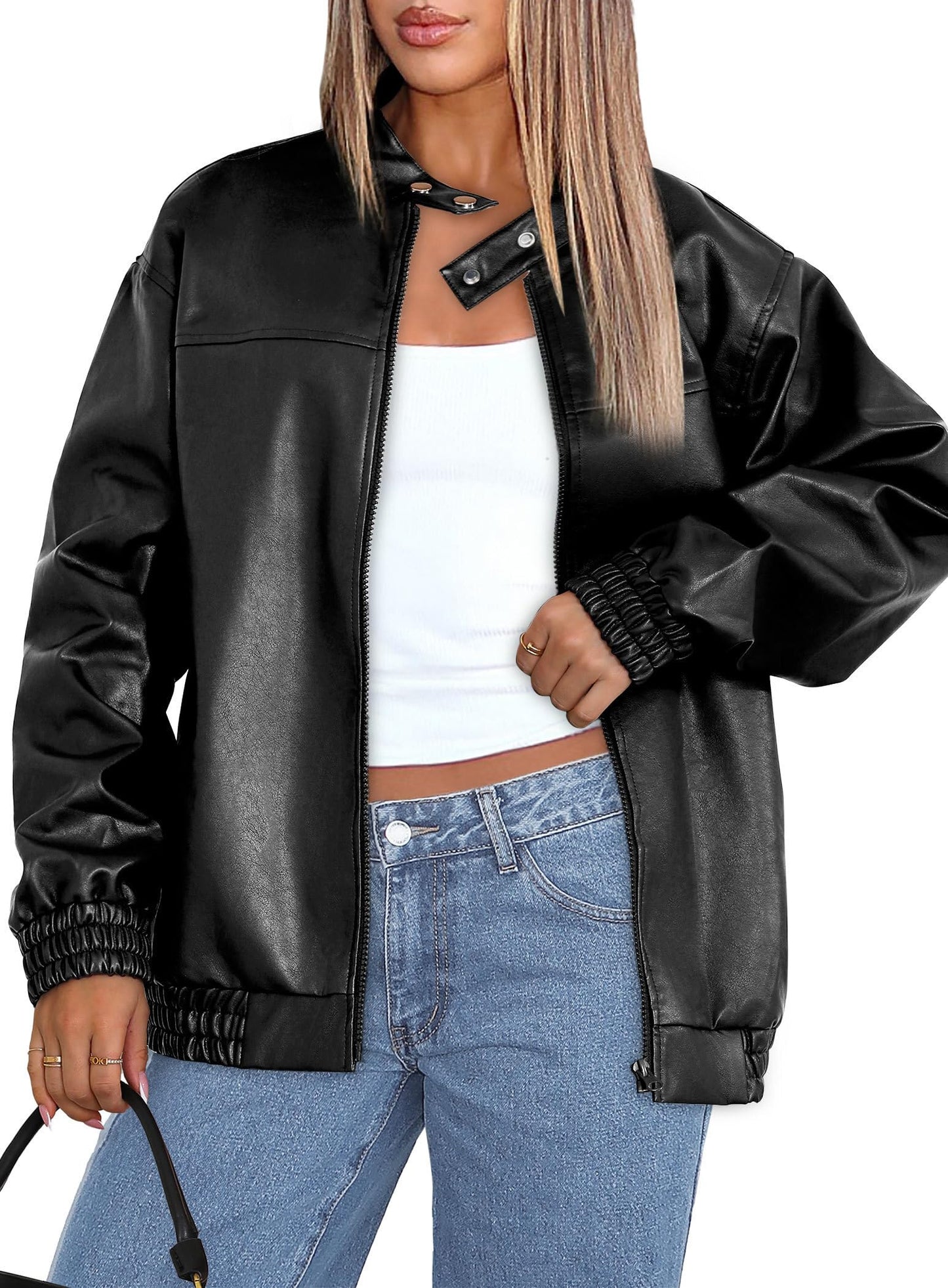 Sampeel Leather Jacket Women Faux Oversized Motorcycle Bomber Coats 2025 Fall Fashion Outfits Winter Clothes Trendy Cute Black M