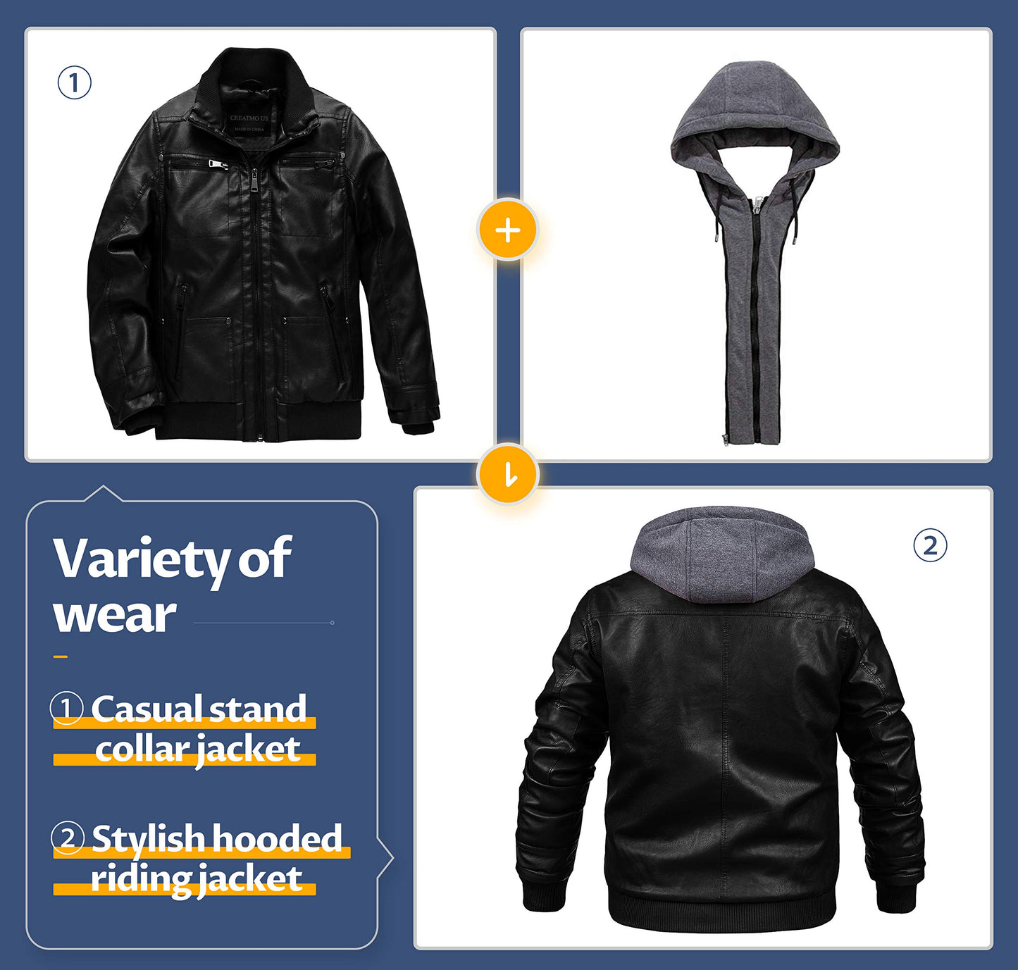 CREATMO US Men Leather Jacket with Hood Spring Motorcycle Jacket bomber jacket Black S
