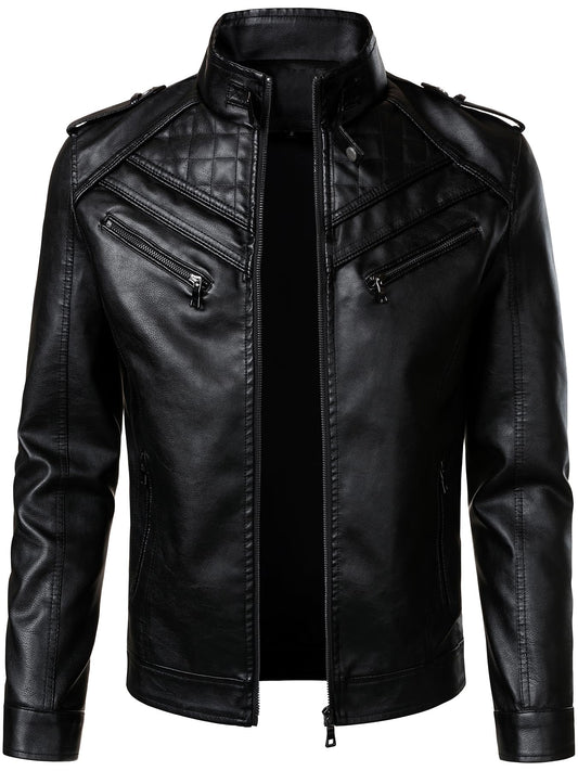 HOOD CREW Men’s Faux Leather Jackets Vintage Biker Motorcycle Jacket for Men Black L