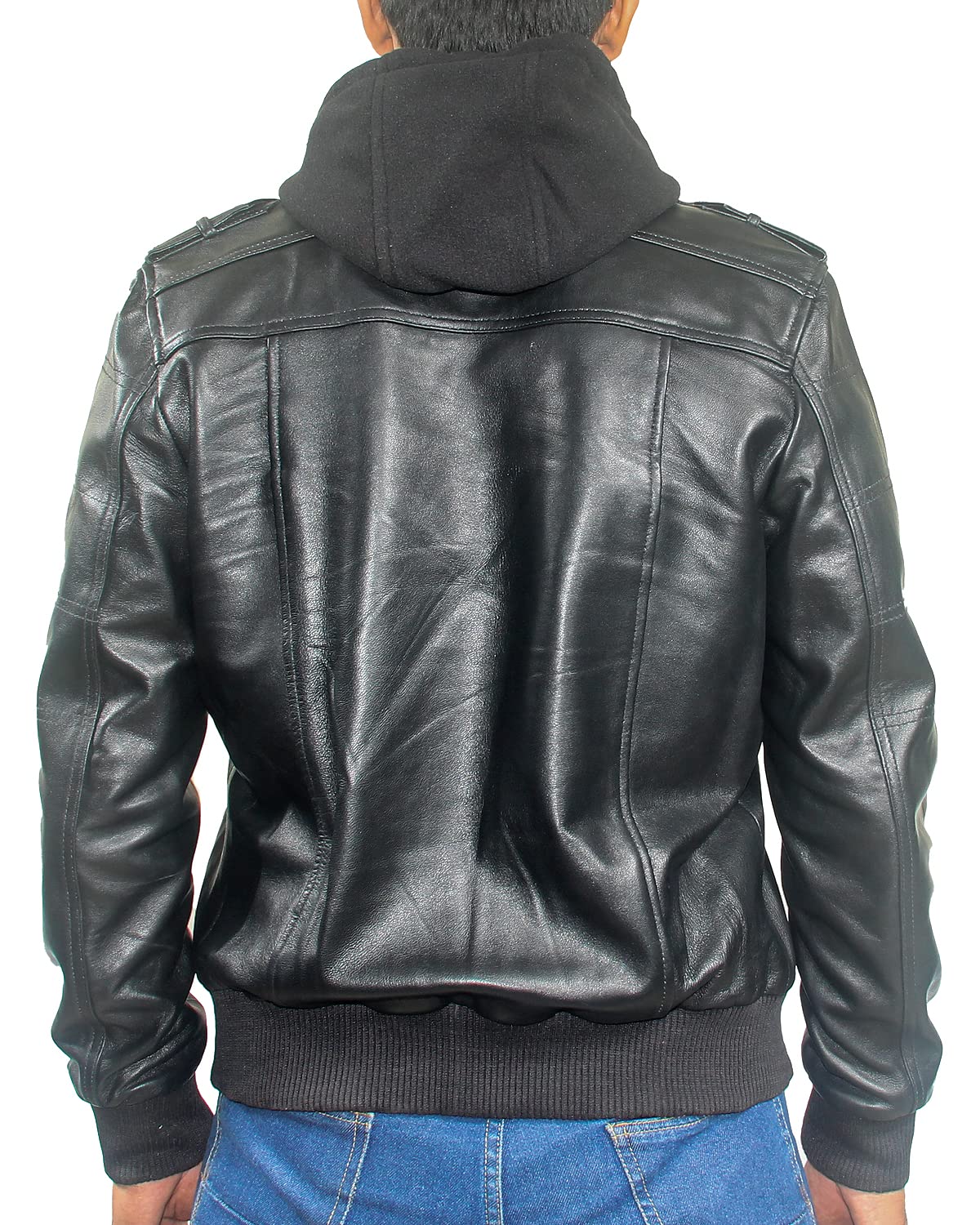 Mens Black Leather Jacket | Real Lambskin Genuine Leather Jacket | Biker Style Motorcycle Jacket for Casual Wear (HOOD-BLACK-2XL)