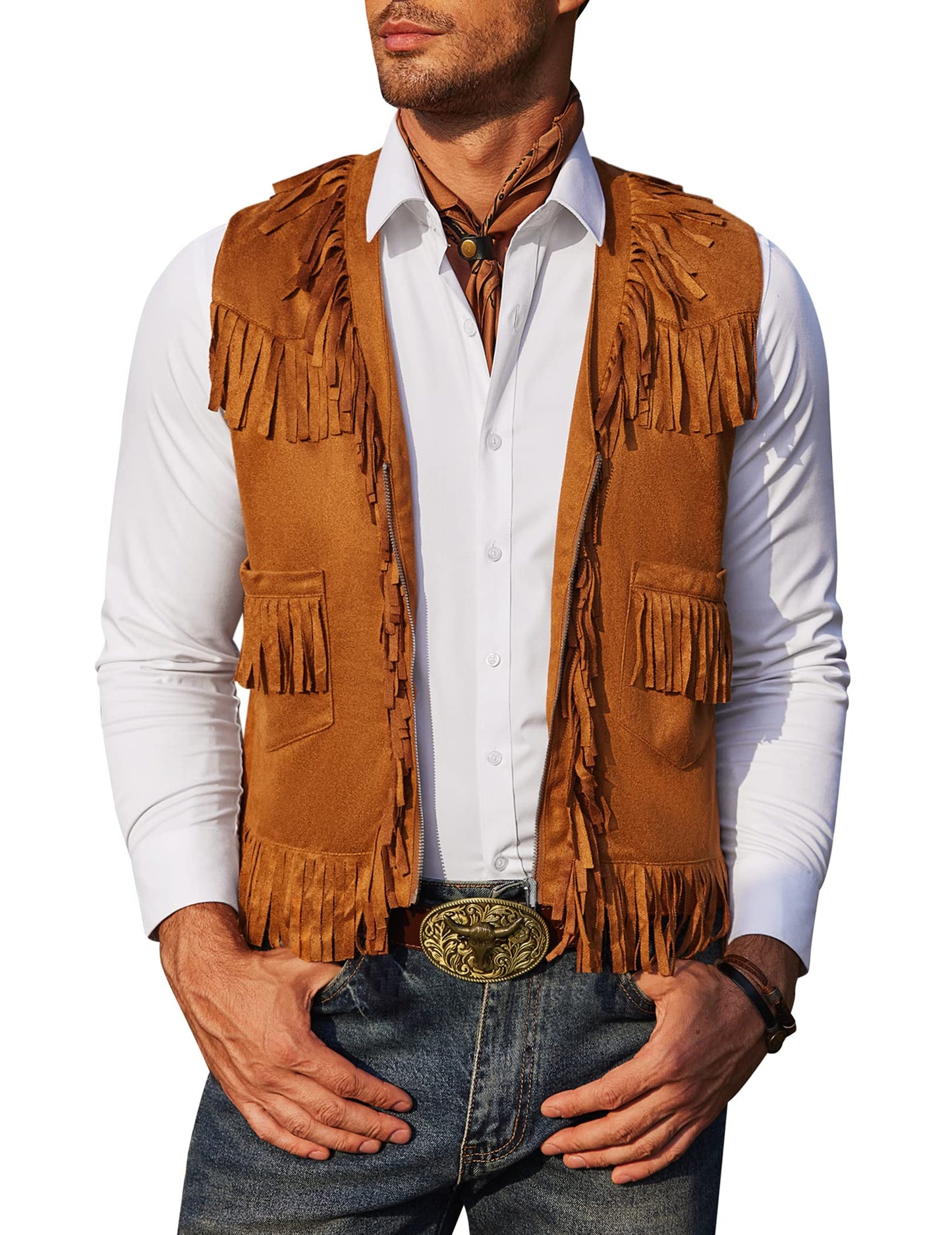 COOFANDY Men's Rodeo Vest Western Cowboy Vest Casual Fringe Hippie Costume V Neck Zipper Suede Leather Waistcoat