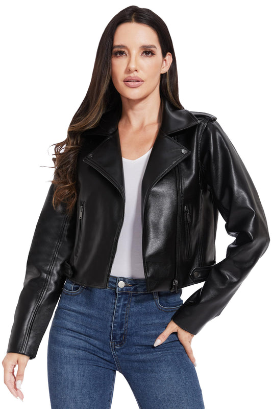 Fahsyee Faux Leather Jacket Women - Black Bomber Motorcycle Cropped Coat Moto Biker Blazer Casual Pleather Jackets Fashion L