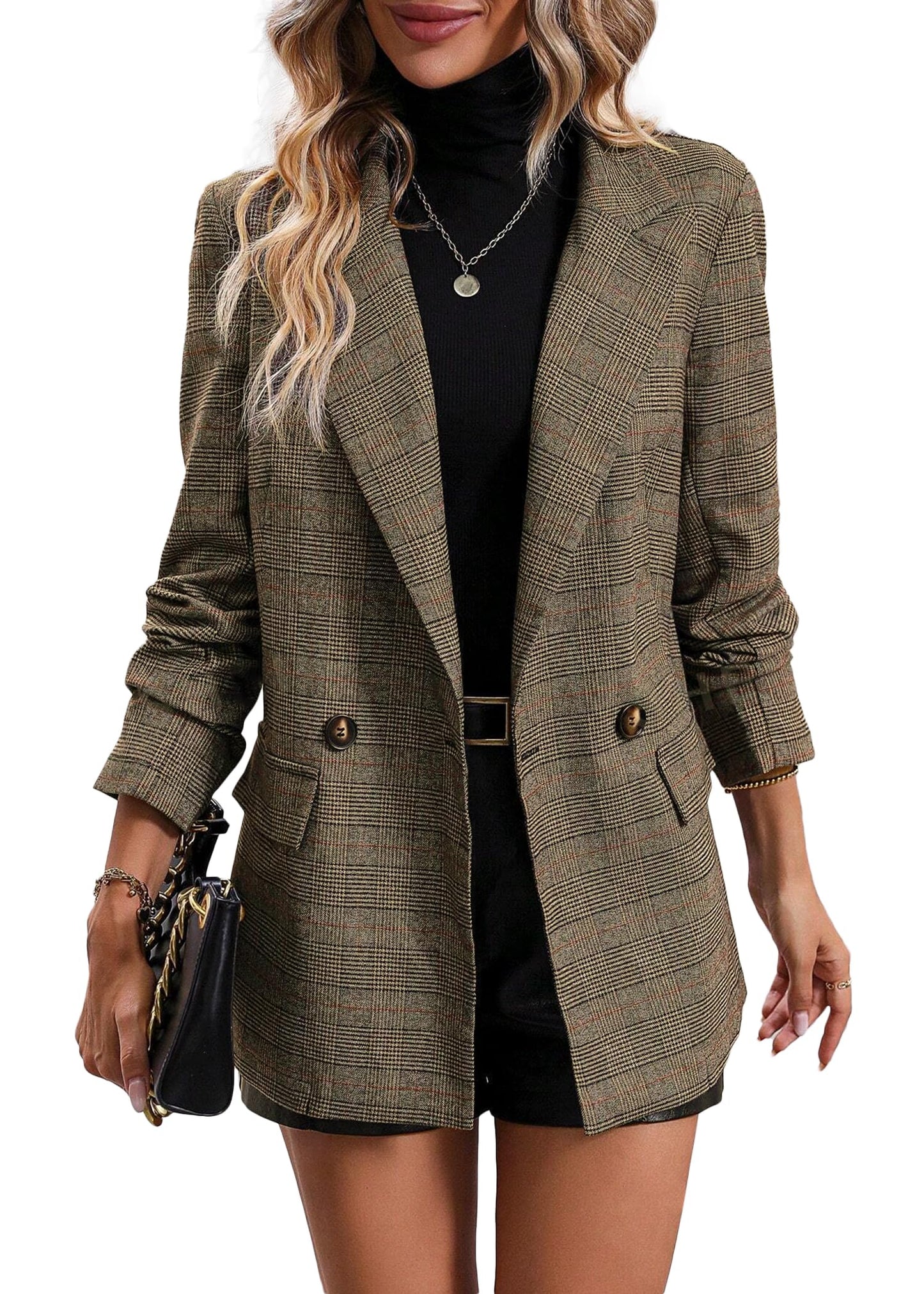 Mina Self Plaid Blazer Jacket for Women Houndstooth 2026 Fall Winter Business Caual Tan Brown Work Office Womens Trendy Boyfriend Professional Fashion Dressy Ladies Women's Blazers & Suit Jackets