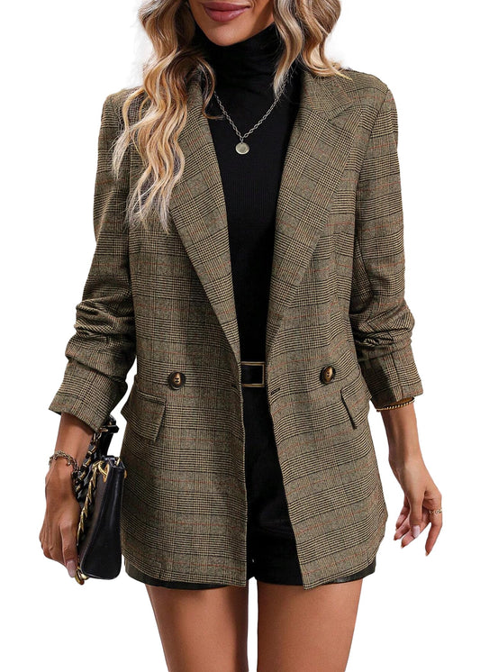 Mina Self Plaid Blazer Jacket for Women Houndstooth 2026 Fall Winter Business Caual Tan Brown Work Office Womens Trendy Boyfriend Professional Fashion Dressy Ladies Women's Blazers & Suit Jackets