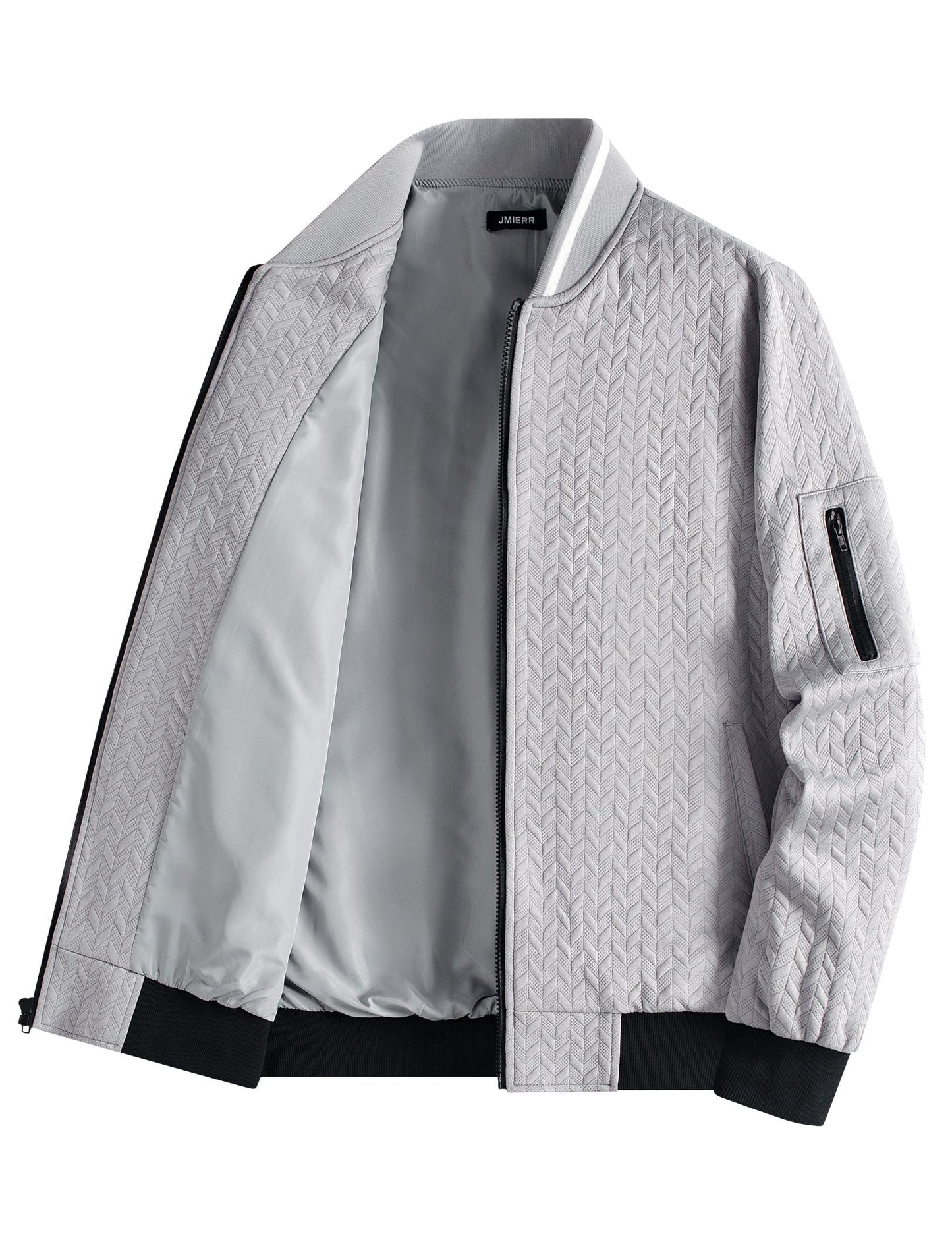 JMIERR Men's Textured Full Zip Bomber Jacket Multi Pockets,Grey,S
