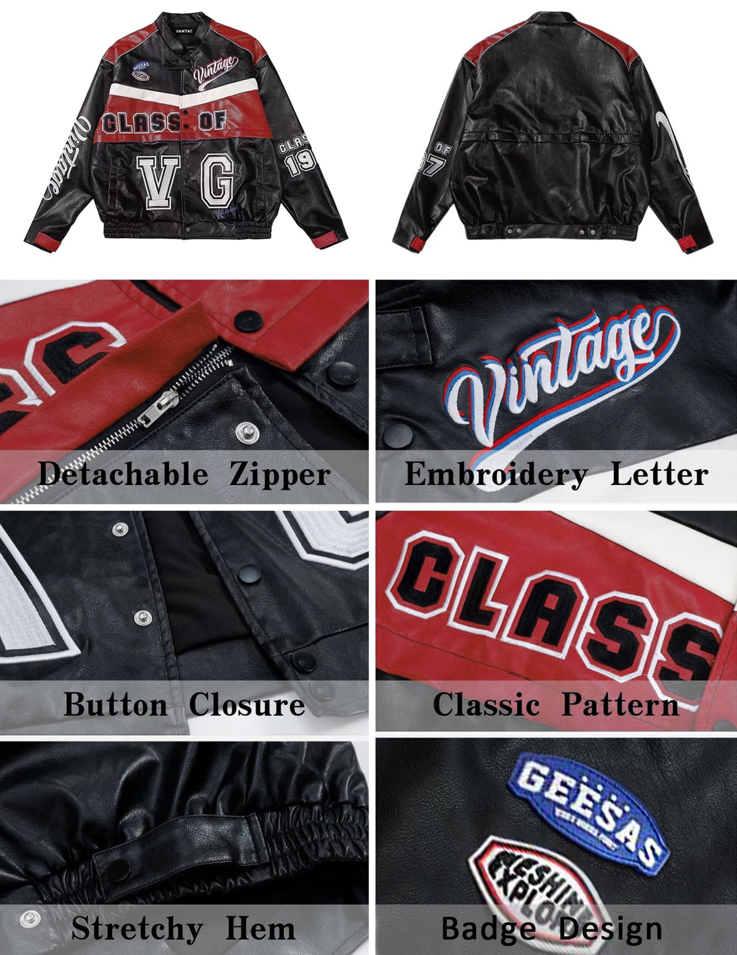Vamtac Leather Racing Varsity Jackets Oversized Vintage Letterman Racing Bomber Coat Trendy Streetwear Red XS