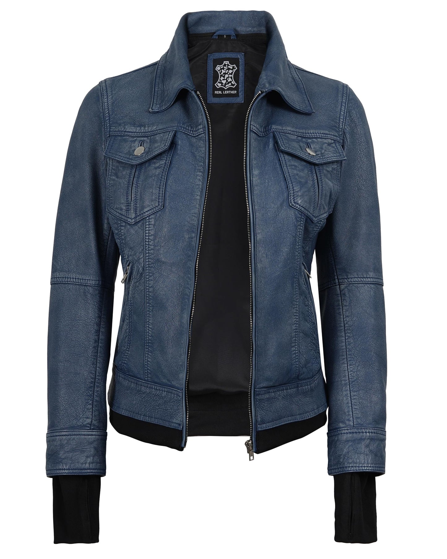 Decrum Leather Jacket With Hood - Leather Jacket With Hood | [1332716] Betty Washed Blue, XXL