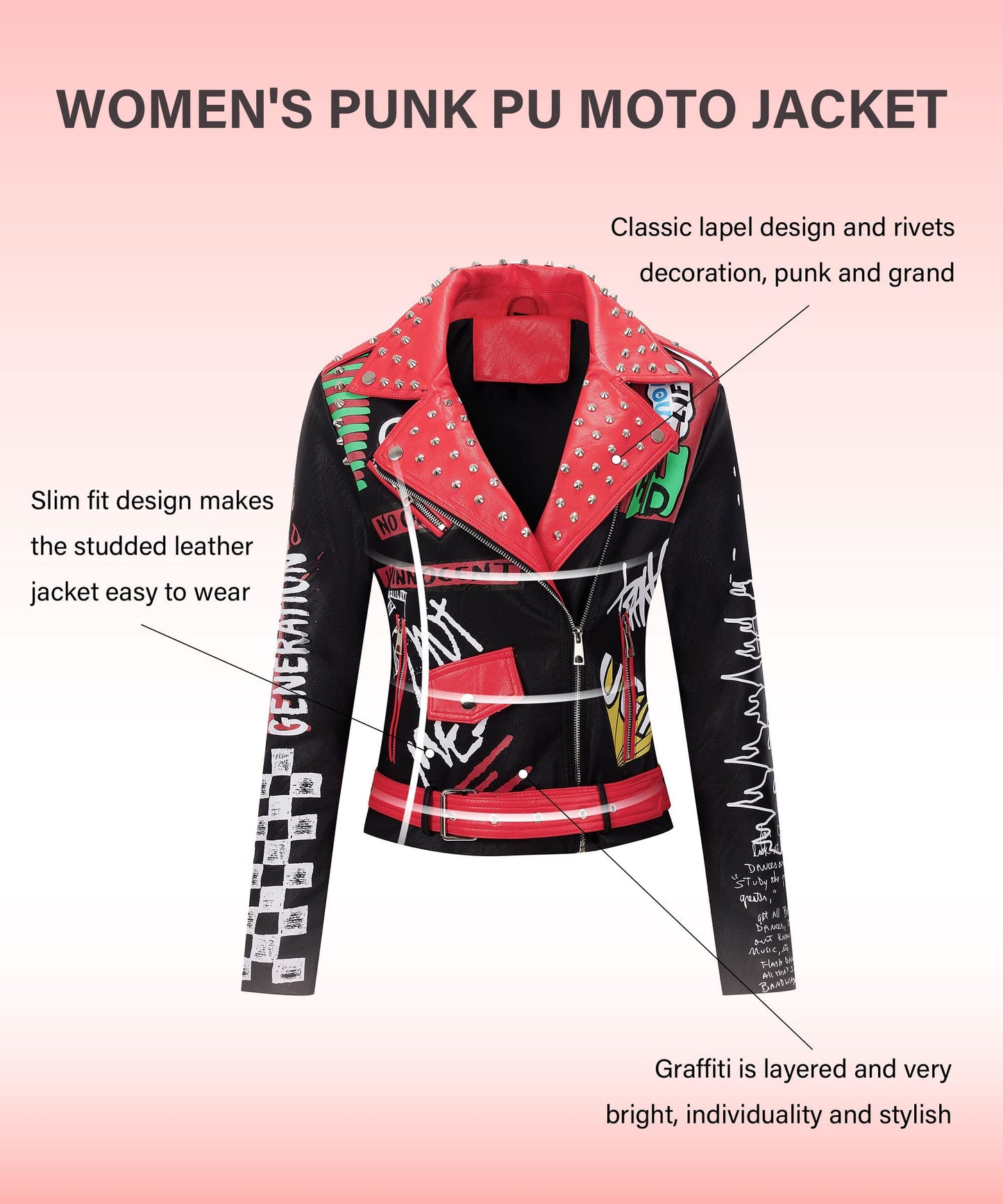 RISISSIDA Women Faux Leather Studded Moto Jacket Belted,Black-red,79,S