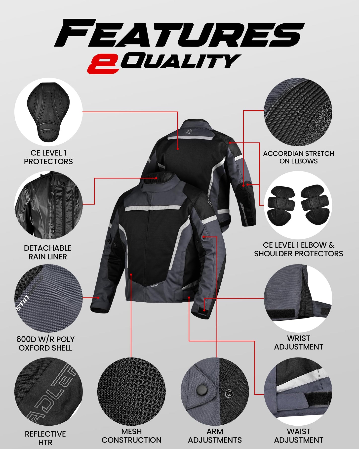 ADLER PRODUCTS Motorcycle Jacket for Men, AUSTIN AIR 1.0 Mesh Motorcycle Armor Jacket, CE Certified With Detachable Rain Liner (US, Alpha, X-Large, Regular, Regular, Gray)