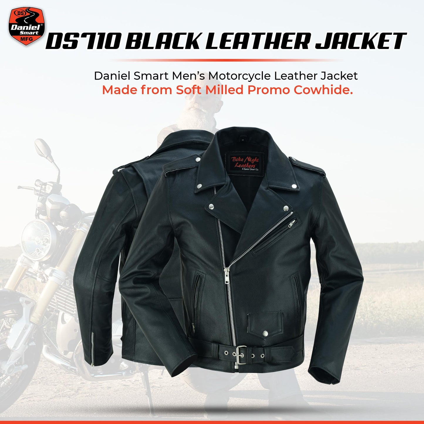 Daniel Smart Men Motorcycle Leather Jacket Black Economy Biker Leather Jacket with inside Pockets & Heavy Duty Zippers