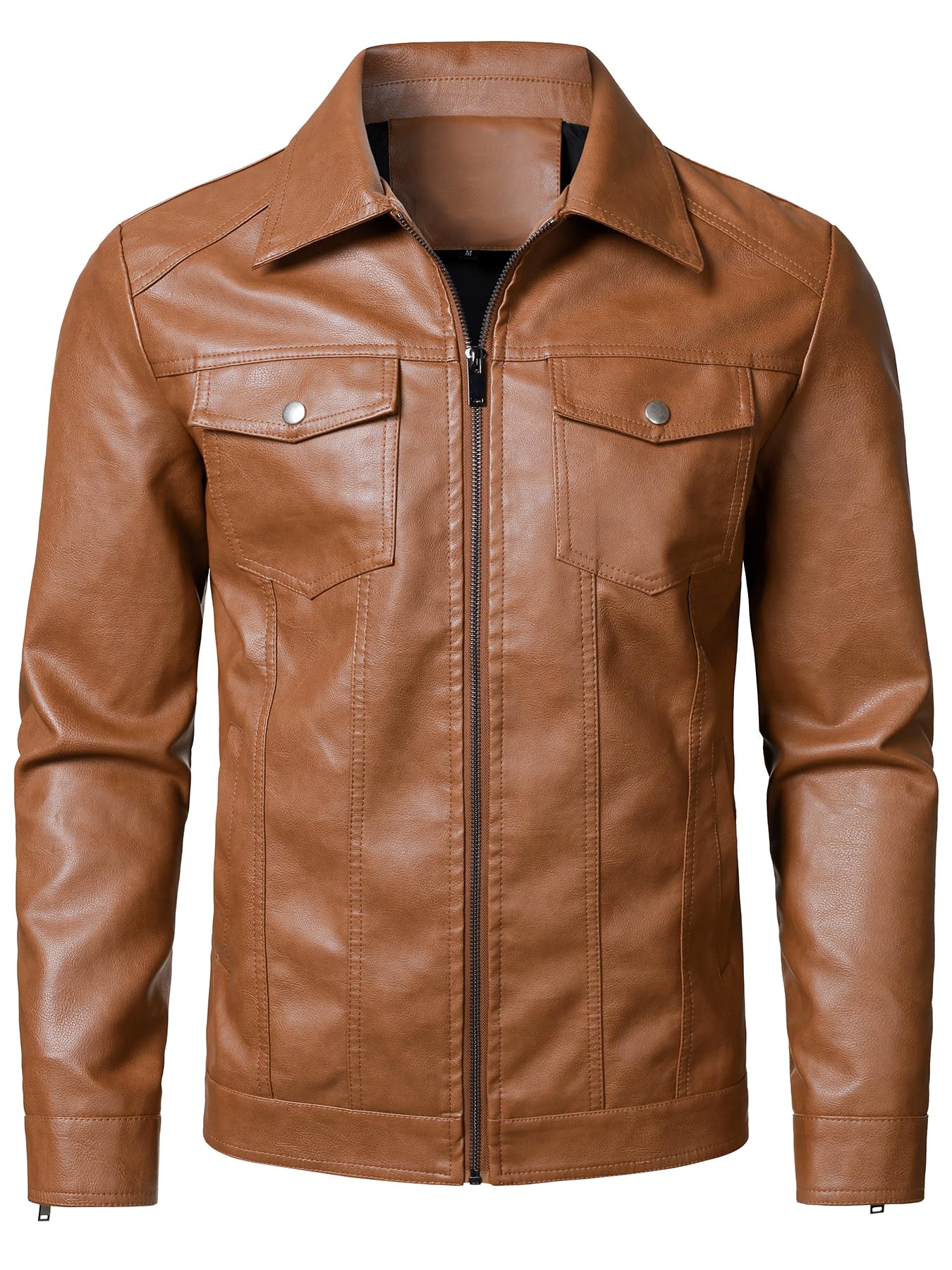 HOOD CREW Mens Leather Jacket Motorcycle Biker Jackets Casual Lightweight Faux Leather Outwear Light Brown M