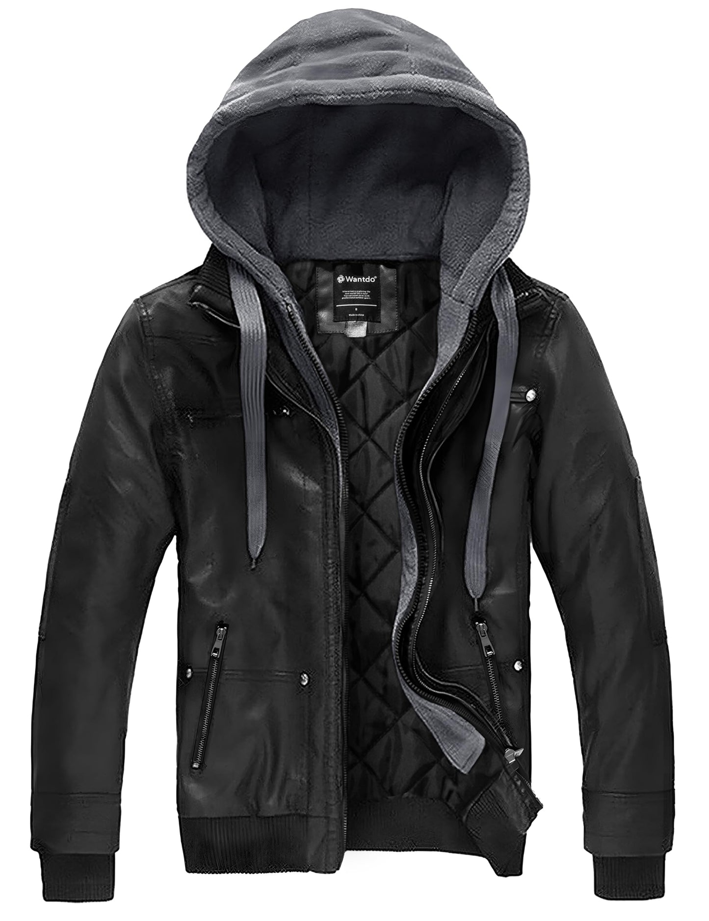 wantdo Men's Winter Warm Leather Jacket with Removable Hood Black Medium(Thick)