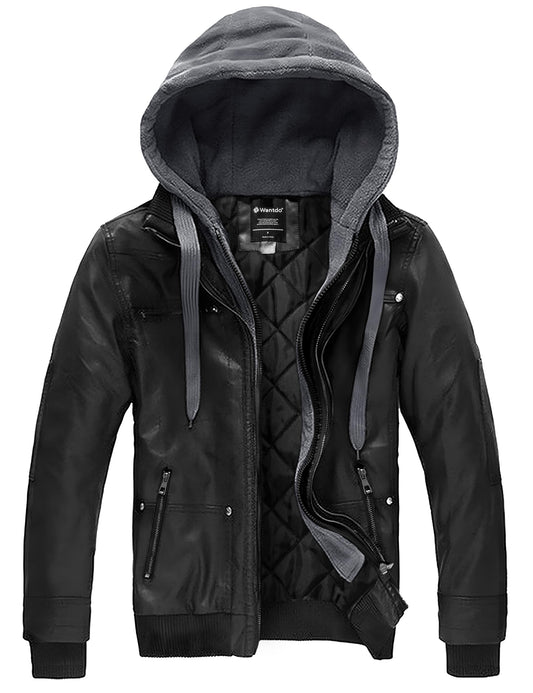 wantdo Men's Motorcycle Leather Jacket Hooded Biker Jacket XXXX-Large Black(Thick)