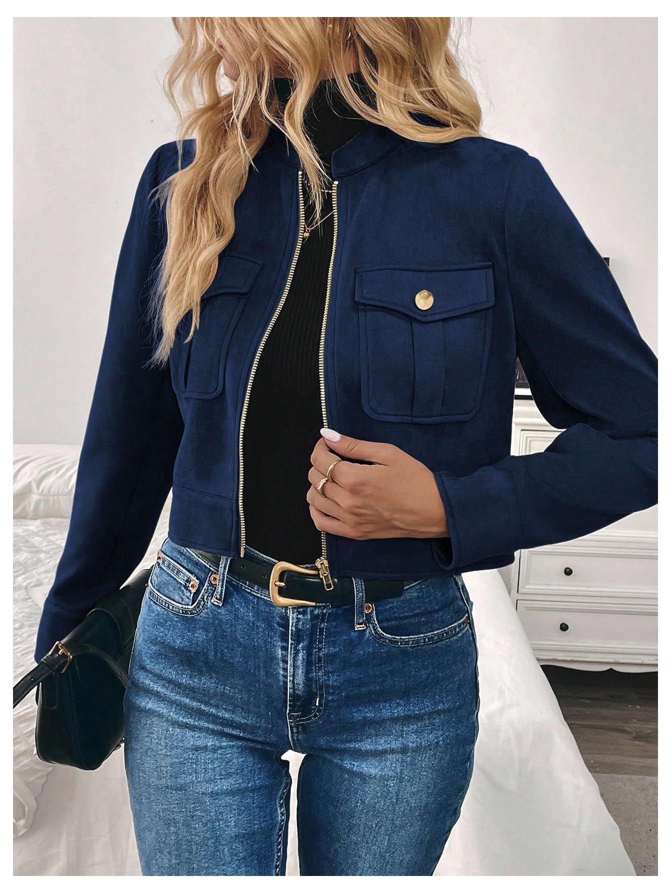 Verdusa Women's Zip Up Crop Spring Jackets Faux Suede Long Sleeve Motorcycle Cargo Jacket with Pockets Dark Blue Large