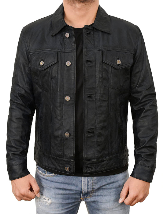 STOREJEES Mens Trucker Jacket - Chaqueta De Cuero Para Hombre | Trucker Black - L