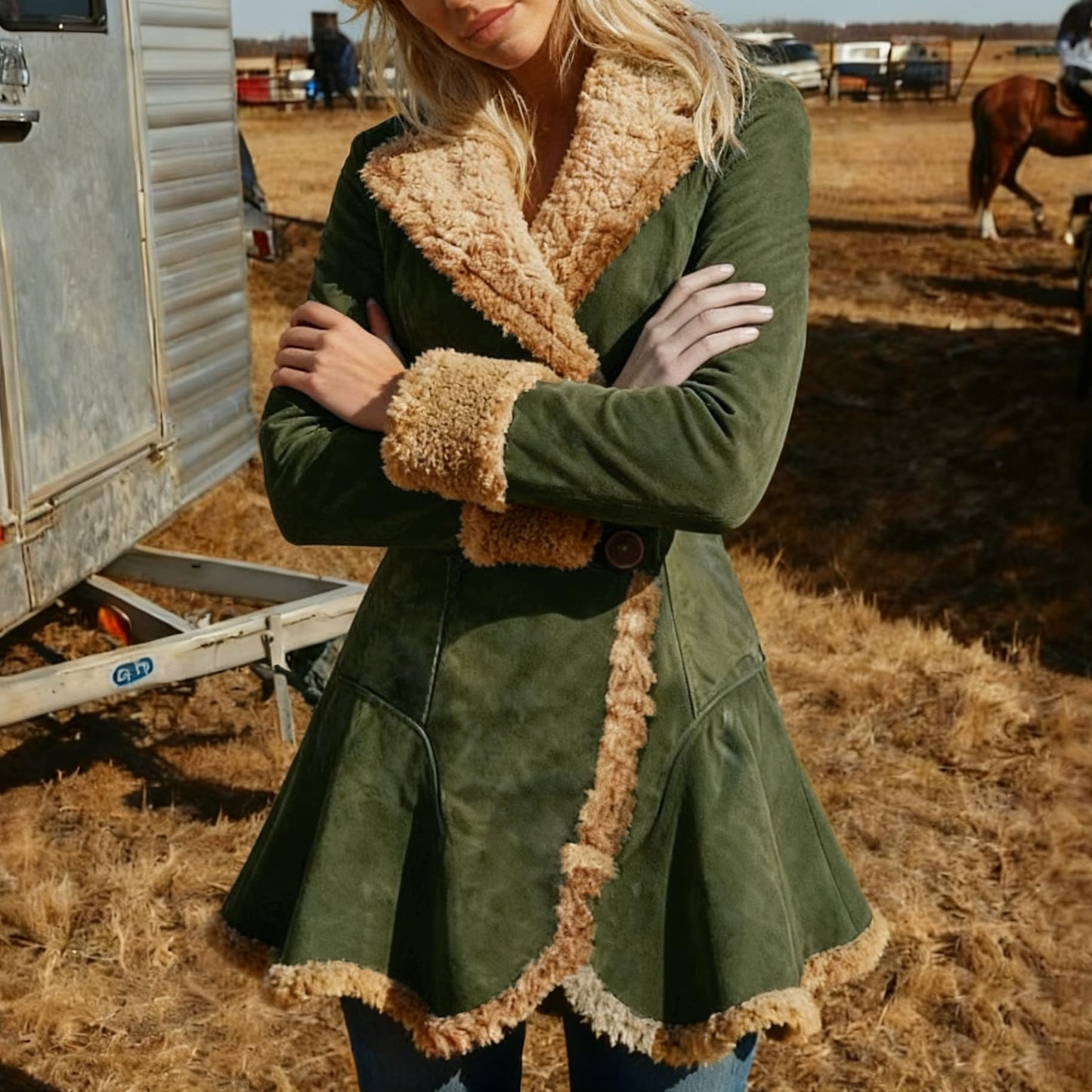 utcoco Womens Sherpa Lined Suede Jacket 2026 Fall Fashion Outfits Slim-Fit Faux leather Fleece Jackets Winter Coats (Medium, Green)