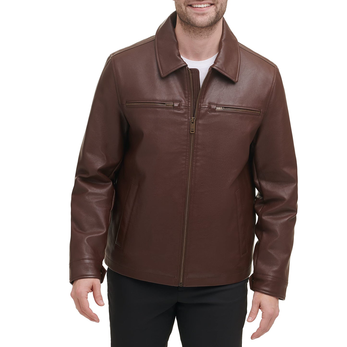 Dockers Men's James Faux Leather Jacket, Sienna Brown w. Chest Zip, Medium