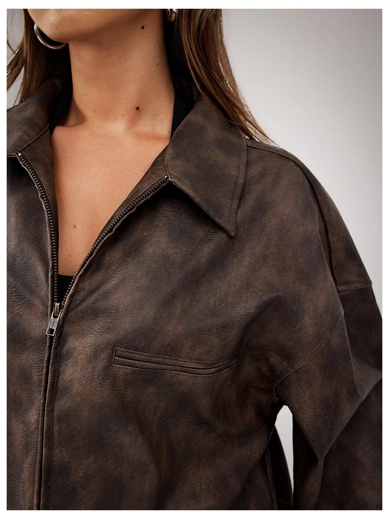 BEAUDRM Women's PU Leather Jackets Vintage Zip Up Collared Long Sleeve Motorcycle Jacket Coats Coffee Brown Medium