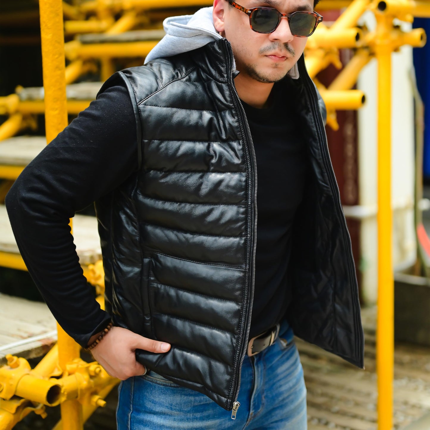 Jild Lambskin Leather Puffer Vest with Removable Hood - Stand Collar Casual Style Sleeveless Leather Jacket Men (Puffer-Blk-L)