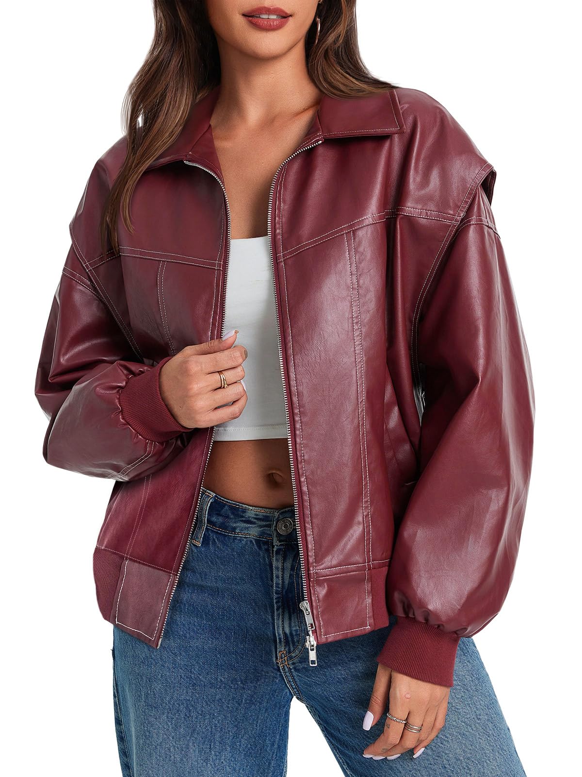Tankaneo Womens Leather Jacket Faux Oversized Motorcycle Bomber Coats Jackets Fashion Outfits Clothes