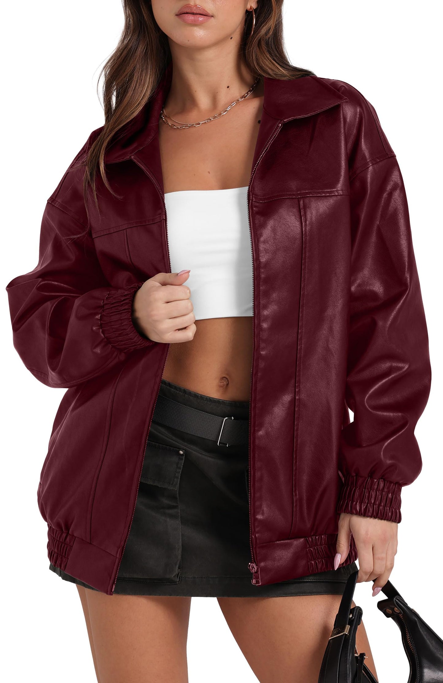 Sampeel Red Leather Jacket Women Faux Oversized Motorcycle Trendy Coats 2024 Fall Fashion Outfits Winter Clothes M