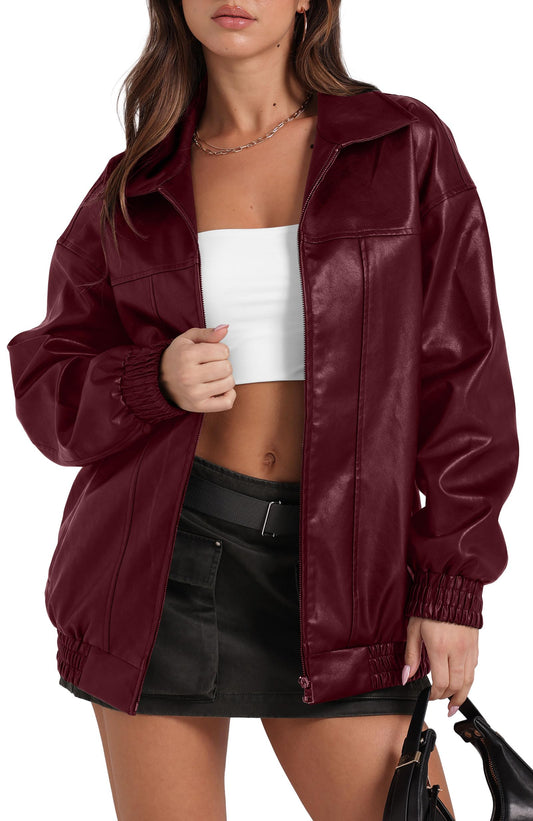 Sampeel Red Leather Jacket Women Faux Oversized Motorcycle Trendy Coats 2024 Fall Fashion Outfits Winter Clothes M