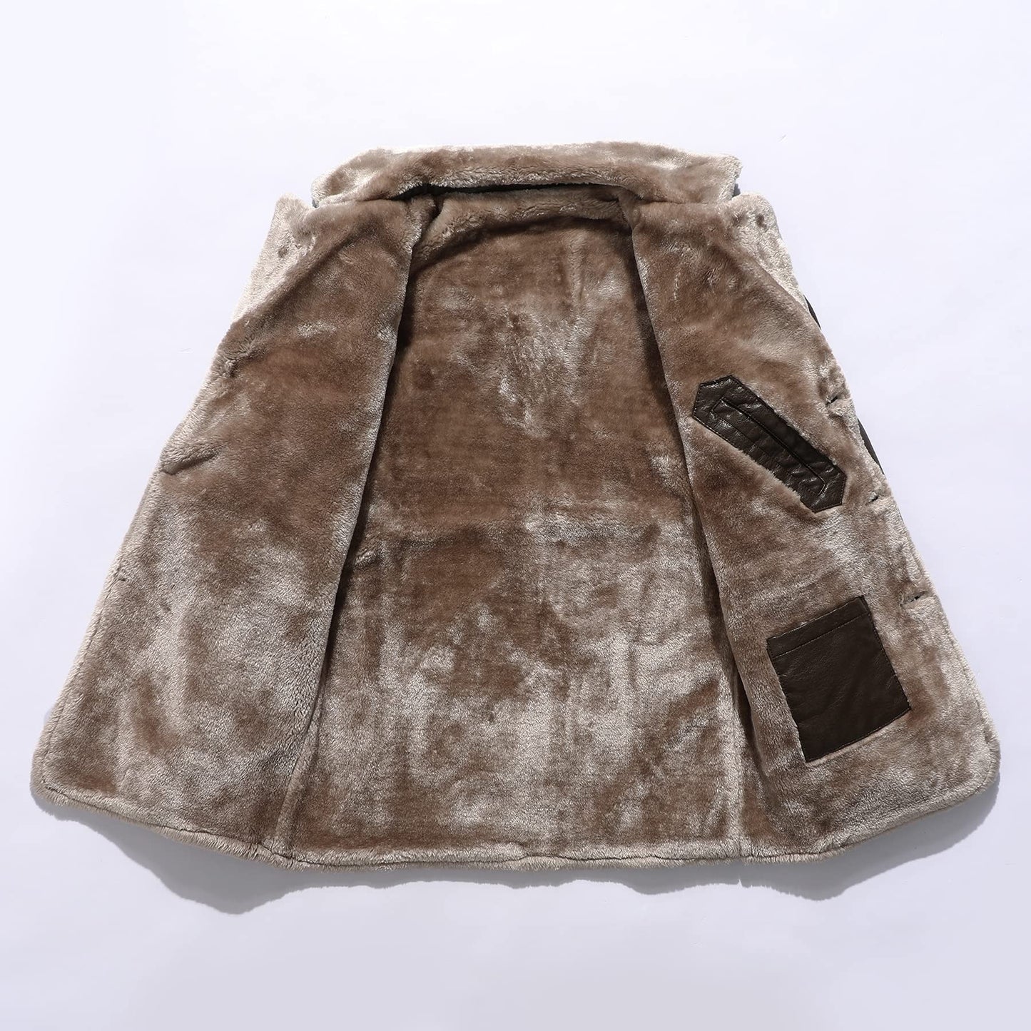 Rayiisuy Men Faux Leather Jacket Thick Faux Fur Shearling Lapel Collar Botton Down Long Trench Coats Black Brown (Brown, L) XY-80818