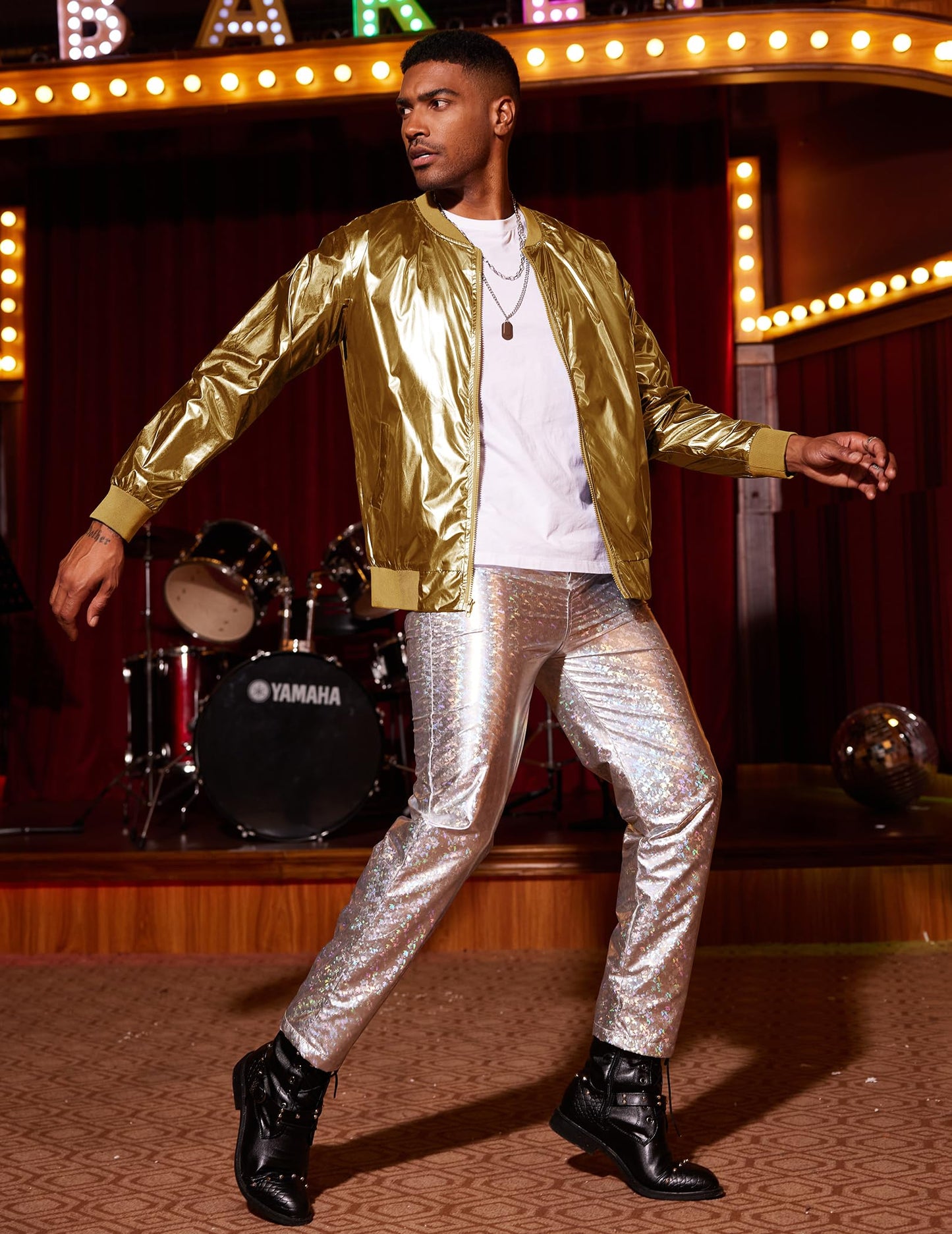 Coofandy Men's Metallic Style Baseball Varsity Bomber Jacket For Party,Nightclub,Halloween,Golden,Large