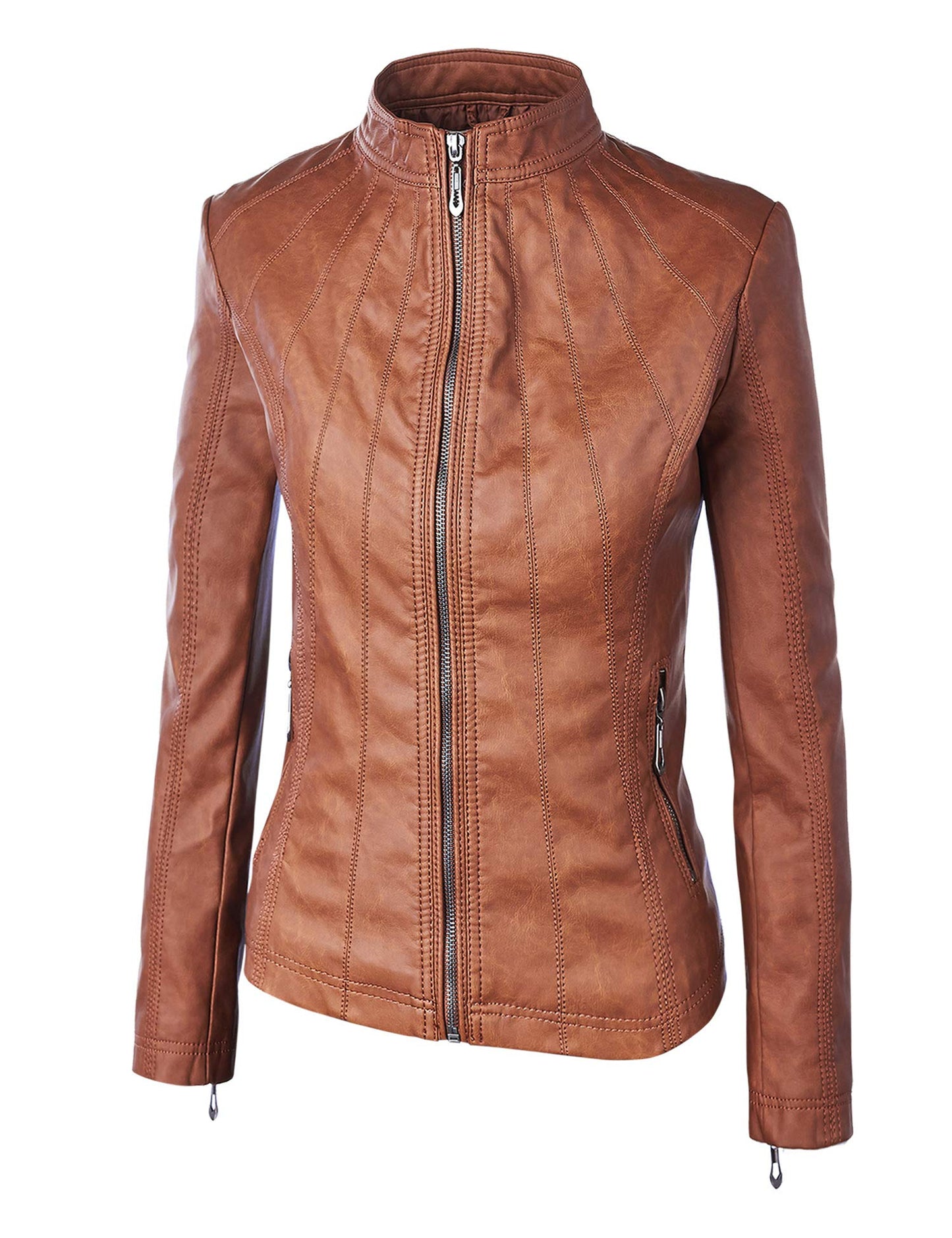 Lock and Love LL WJC877 Womens Panelled Faux Leather Moto Jacket L Camel