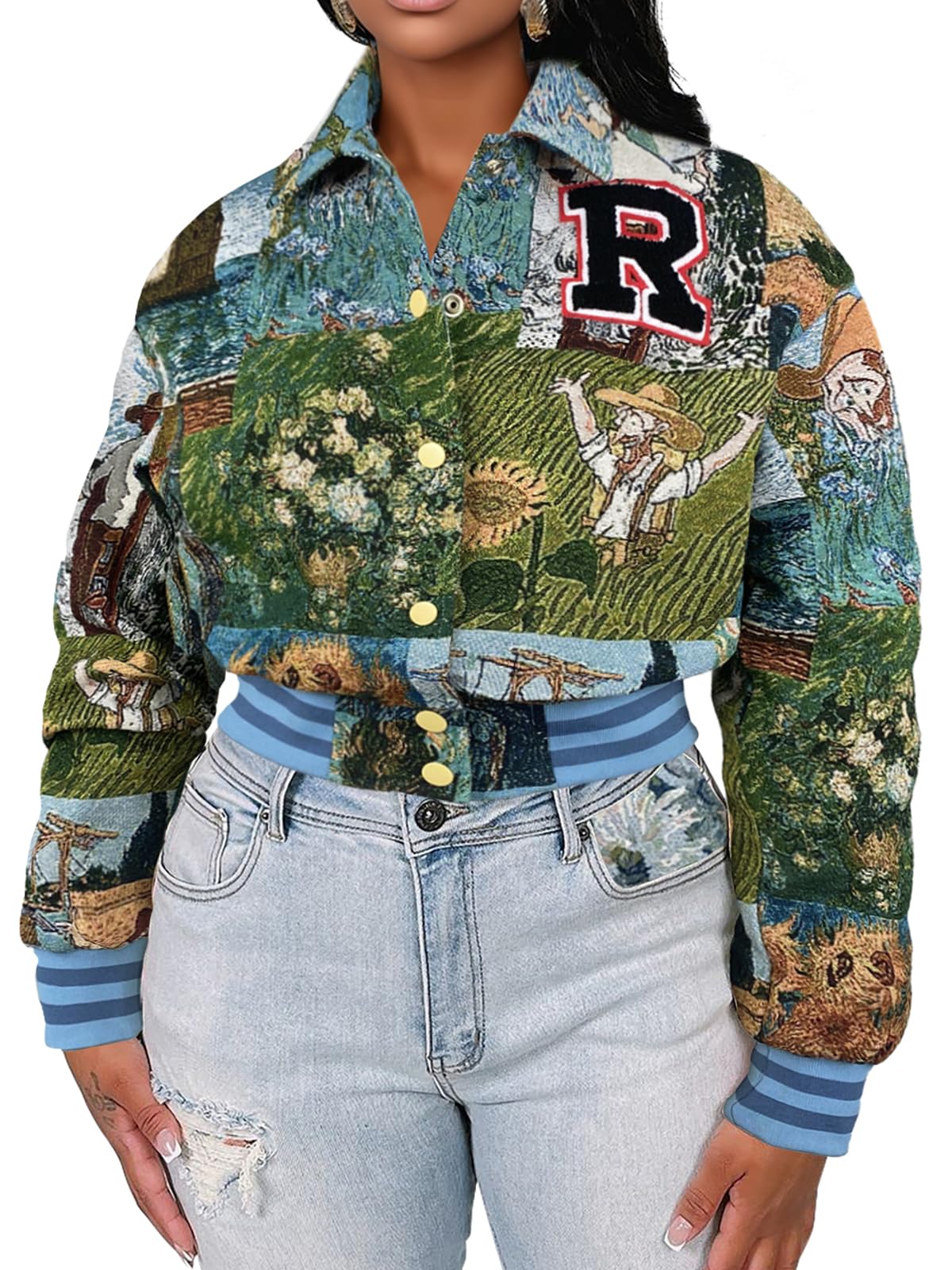 KANSOON Varsity Jacket Women Bomber Textured Floral Cropped Jackets Letterman Snap Buttons Long Sleeves Coats Green XXL