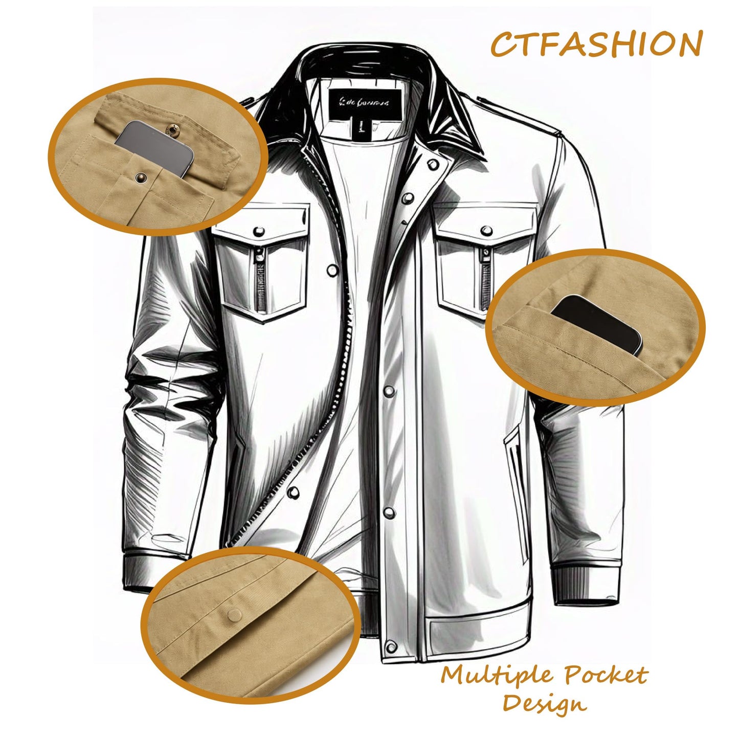 CTFASHION Men's Canvas Military Jacket Full Zip Cotton Field Coat Multi Pocket Outdoor Travel Daily Work Wear Spring Fall Winter Khaki M