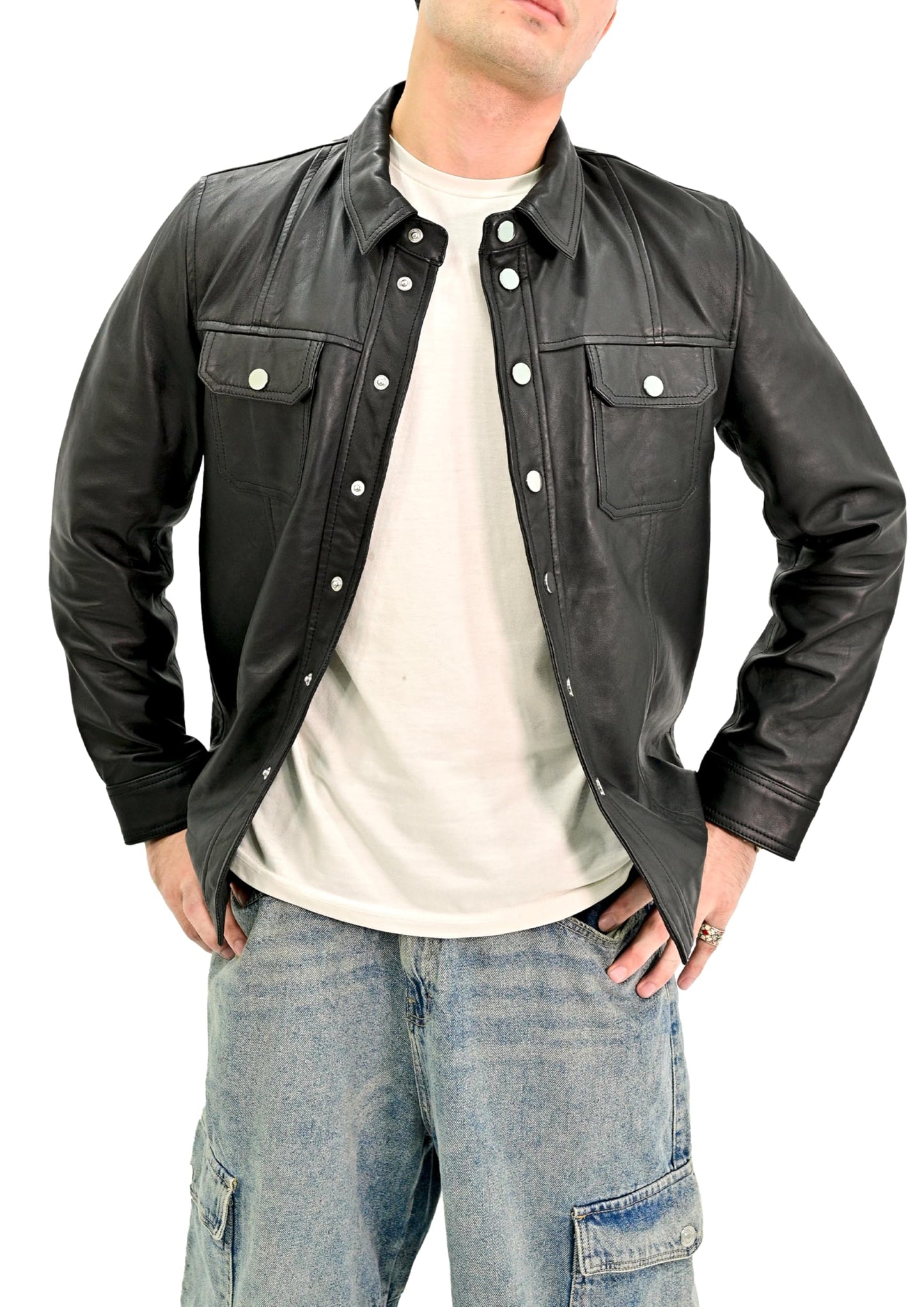 Rauly Trucker Leather Jacket Men Real Lambskin Button Front Shirt Collar Mens Leather Jacket